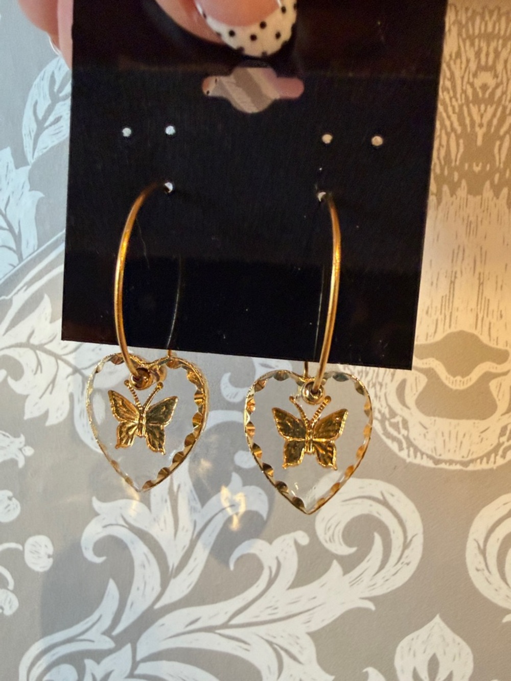 Earrings Hoop Resin Hearts w/ Gold Foil Trim & Butterfly Accents Lightweight!